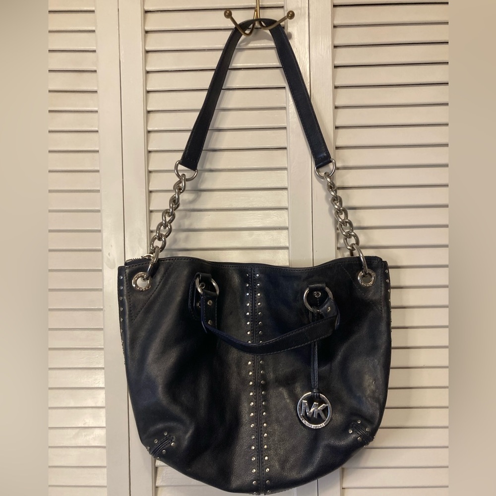 Michael Michael Kors Astor Blue Silver Studded Leather Satchel Bag